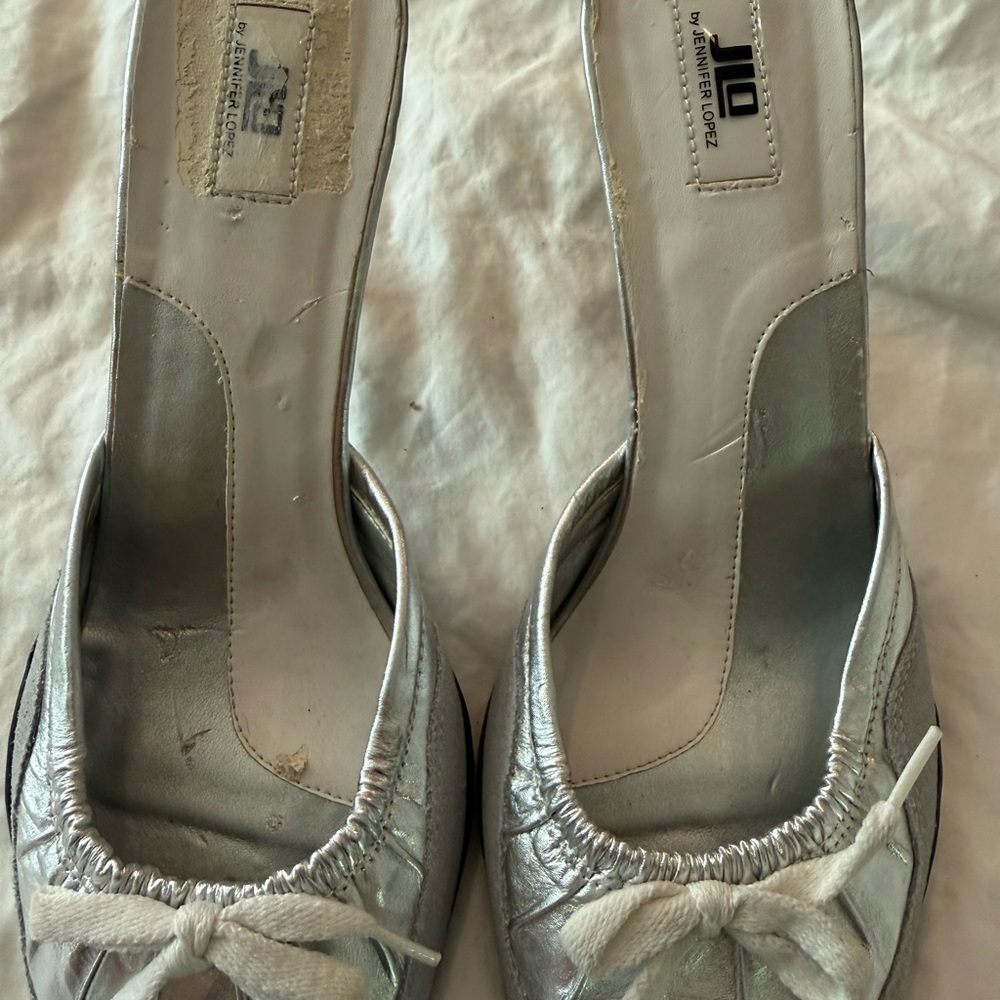 Jennifer Lopez Silver Mules with Bow Accent
